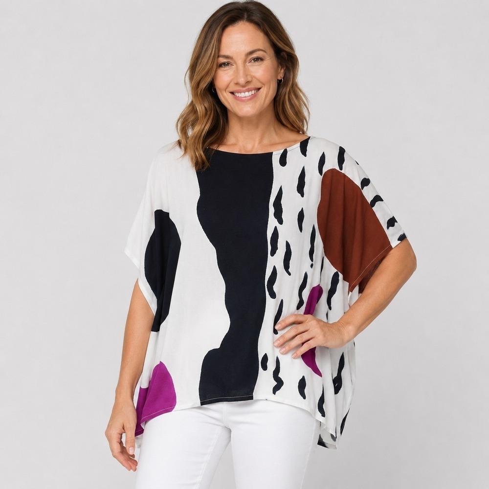 Sylca Handpainted Art to Wear Tunic Top Women OS Thailand Abstract Flowy Batwing
